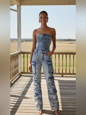 Acid Wash Denim Strapless Cargo Jumpsuit Wide Leg Light Wash Y2K Plus Size 2X